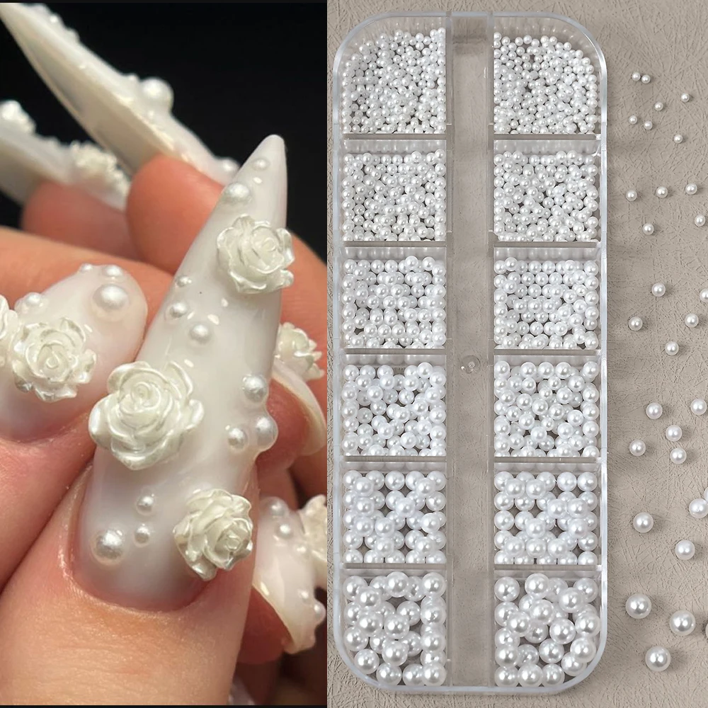 12Grids 3D White Pearl Beads Mixed Rhinestone Nail Charms Flatback Half-Round Pearl Gems For DIY Phone Case Nail Art Decoration