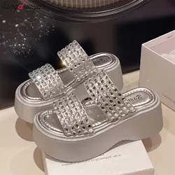 Women's Slippers 2024 New Fashion Shining crystal Silver Slippers Versatile Thick Sole Sandals Women's Elegant Party Dress pumps