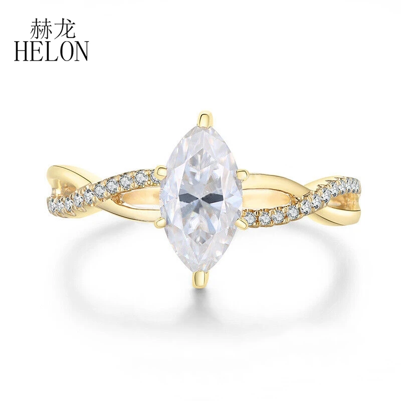 HELON Gold Rins For Women Genuine 9K 375 Yellow Gold Ring Sparkling White CZ Promise Band Ring Anniversary Classic Fine Jewelry