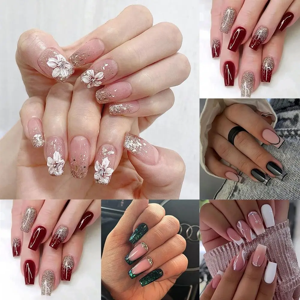 24 Uds puntas de uñas cubierta completa DIY prensa en uñas bailarina larga Camelia francesa uñas postizas