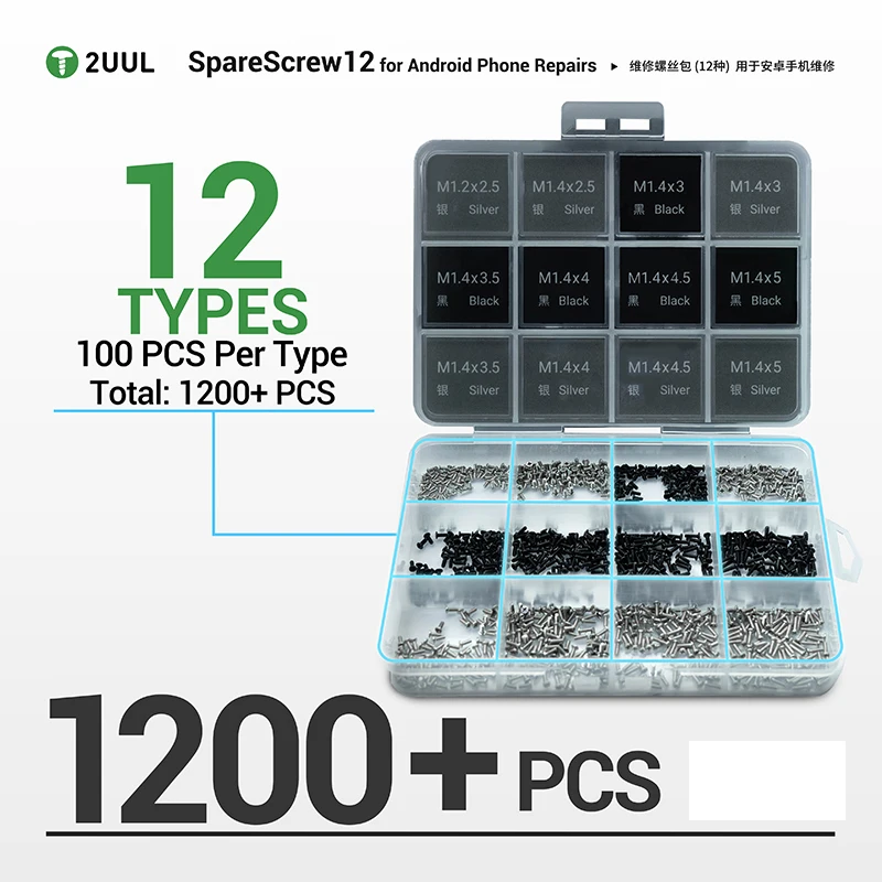 2UUL SC12 Vite di ricambio 12 per riparazione di telefoni Android Resistente alla ruggine Anti-stripping 12 tipi per kit di strumenti di riparazione per telefoni cellulari
