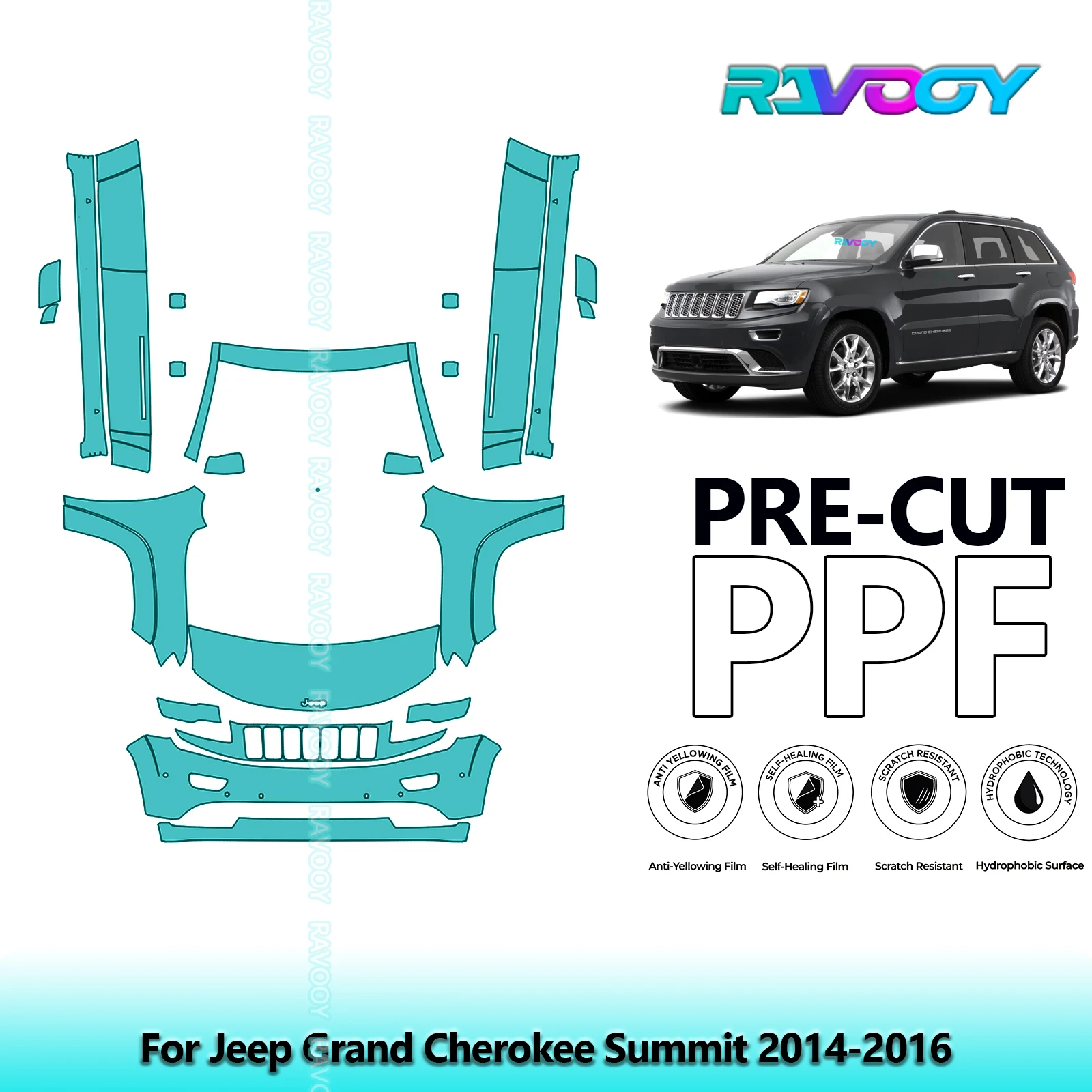 RAVOOY 8.5Mil Custom-Fit Precut TPU PPF Front Kit Clear Bra Stone Guard EU UK For Jeep Grand Cherokee Summit 2014-2016