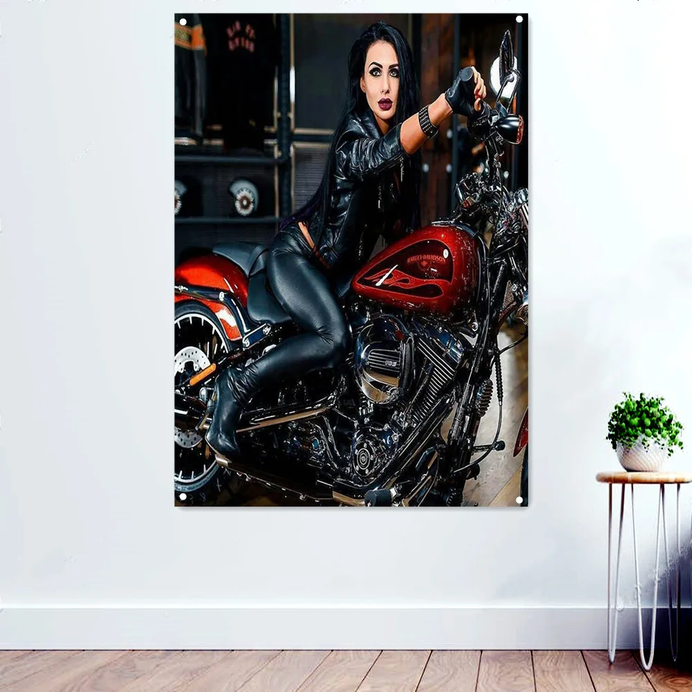 

Biker Girl Motorcycle Art Posters and Prints Wall Hanging Flag Wall Decorative Banner for Home Pub Club Bar Room Garage Decor