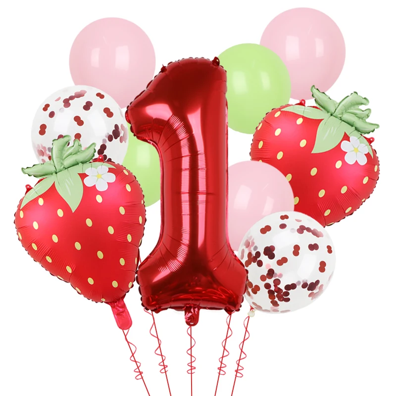 1 Satz 32 Zoll 1–9 Jahre altes digitales Aluminiumfolien-Ballon-Set mit Erdbeere und roten Punkten, geeignet für Geburtstagsfeier-Babyshower – Detail 1