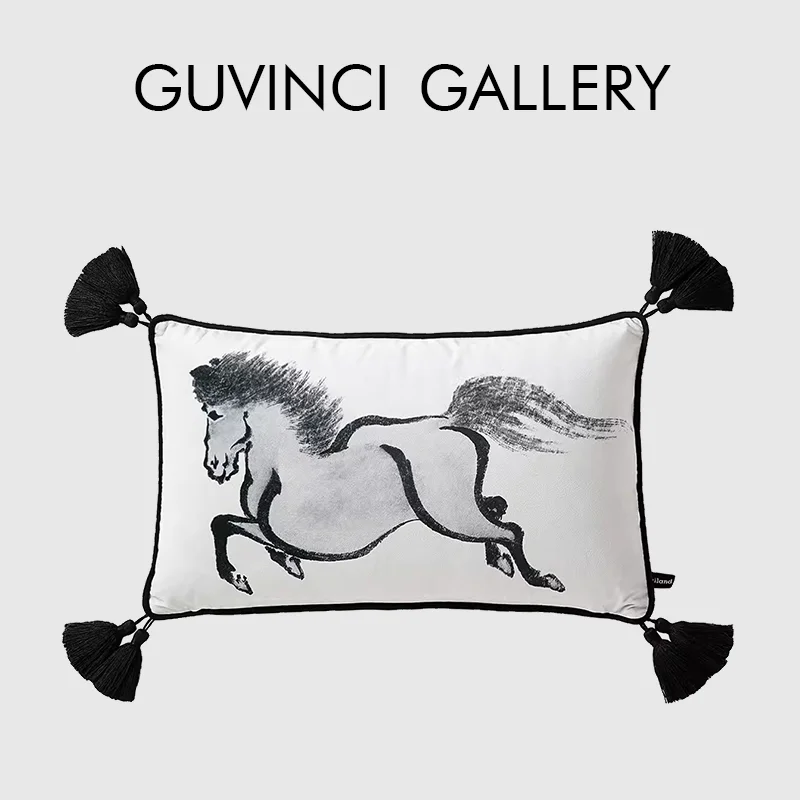 GUVINCI Modern Contemporary Flair Style Lumbar Pillow Cover Chinese Ink Horse Decorative Cushion Case For Apartment Villa Hotel