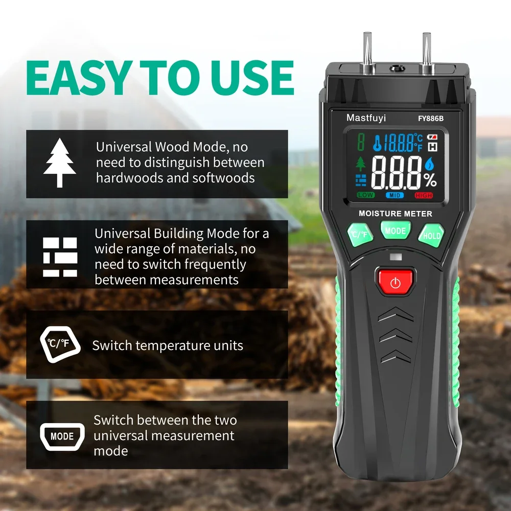 MASTFUYI Digital Timber and Building Materials Moisture Meter Humidity Tester Accurate Needle Type Water Leakage Detector