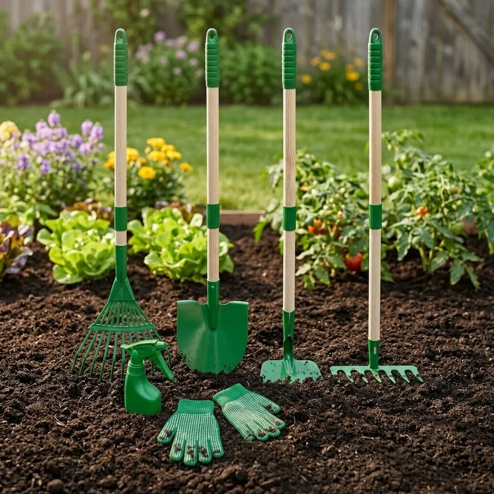 6 Piece Outdoor Garden Tool Collection Includes Shovel Rake Hoe Cultivator Spray Bottle and Mesh Gloves for Planting and Weeding