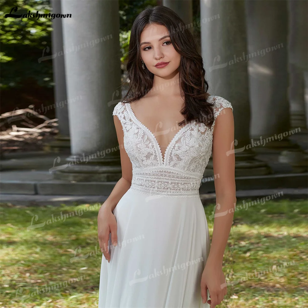 Laksh migown anpassen Hochzeits kleid eine Linie V-Ausschnitt Chiffon mit Spitze Applique Cap Ärmel Brautkleider Vestidos Novias Boda