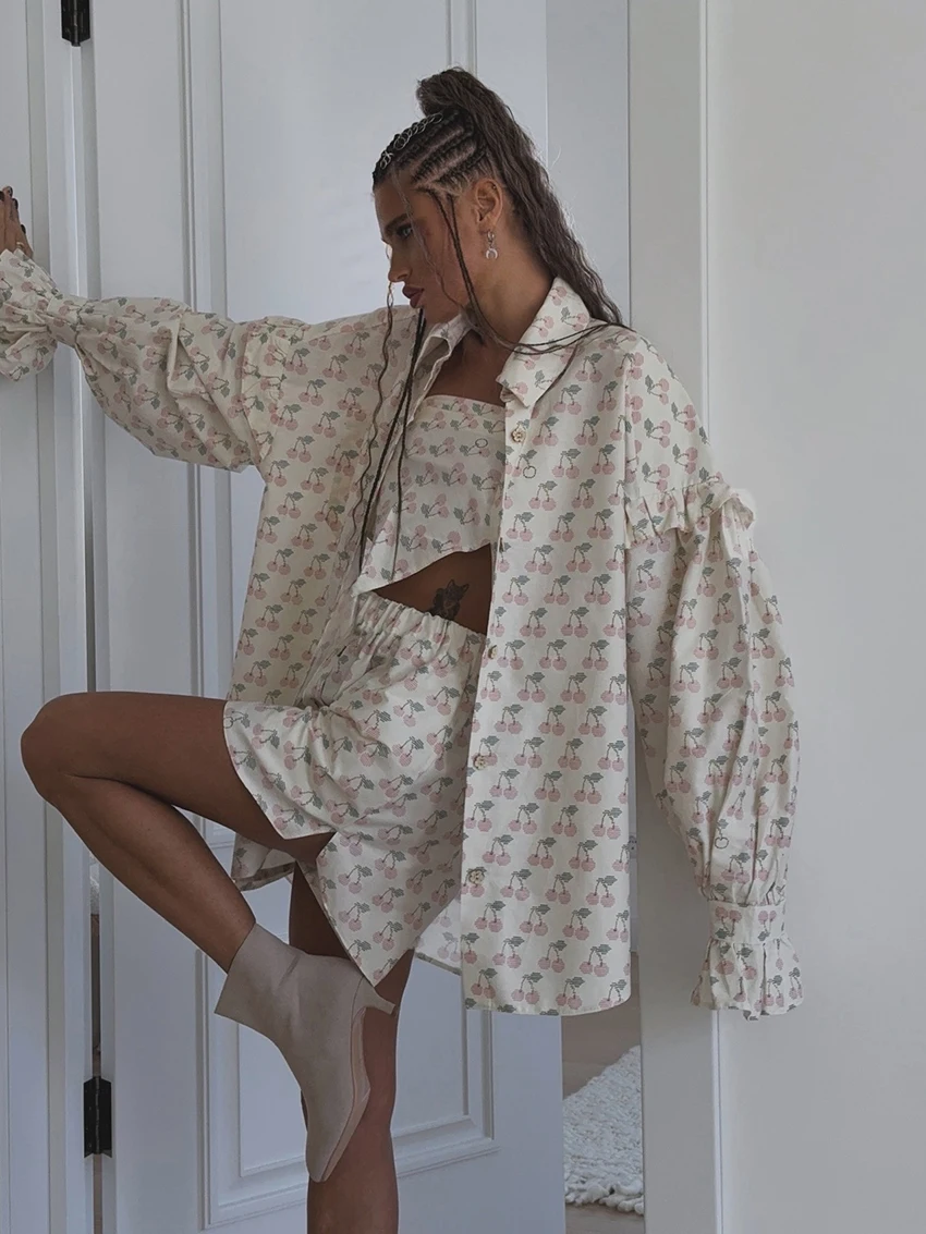 Marthaqiqi Printing Female Pajama Suit Long Sleeve Robe Turn-Down Collar Sleepwear Tank Top Nightwear Shorts Nightie 3 Piece Set