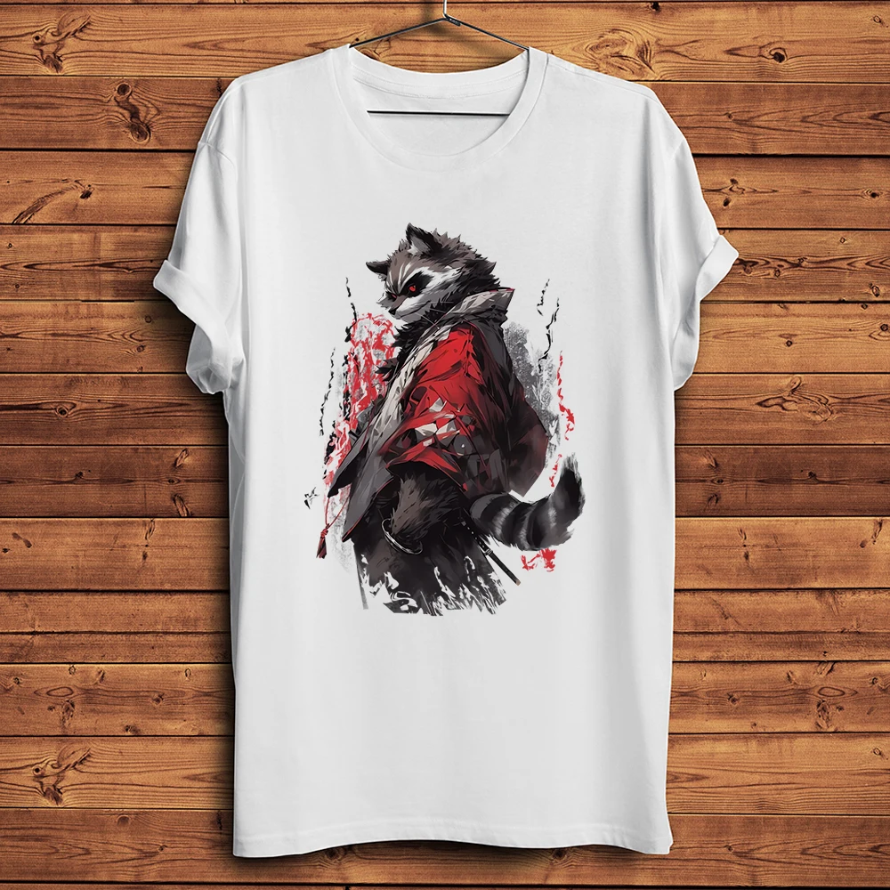 Vintage Samurai Raccoon Swordsman Warrior Funny T Shirt Men Casual Short Sleeve TShirt Unisex Streetwear Tee Breathable Print