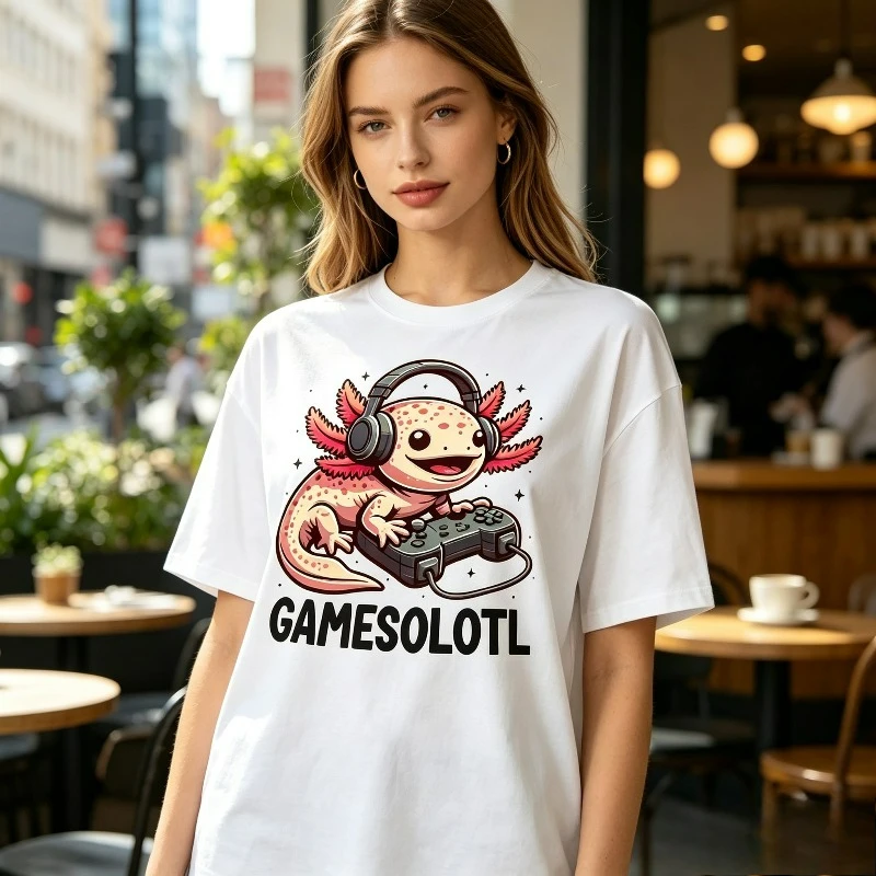Gamesolotl Axolotl Gamer Controller Print T-Shirt Women Cotton Casual Loose Gaming Gift Top For Video Game Enthusiasts