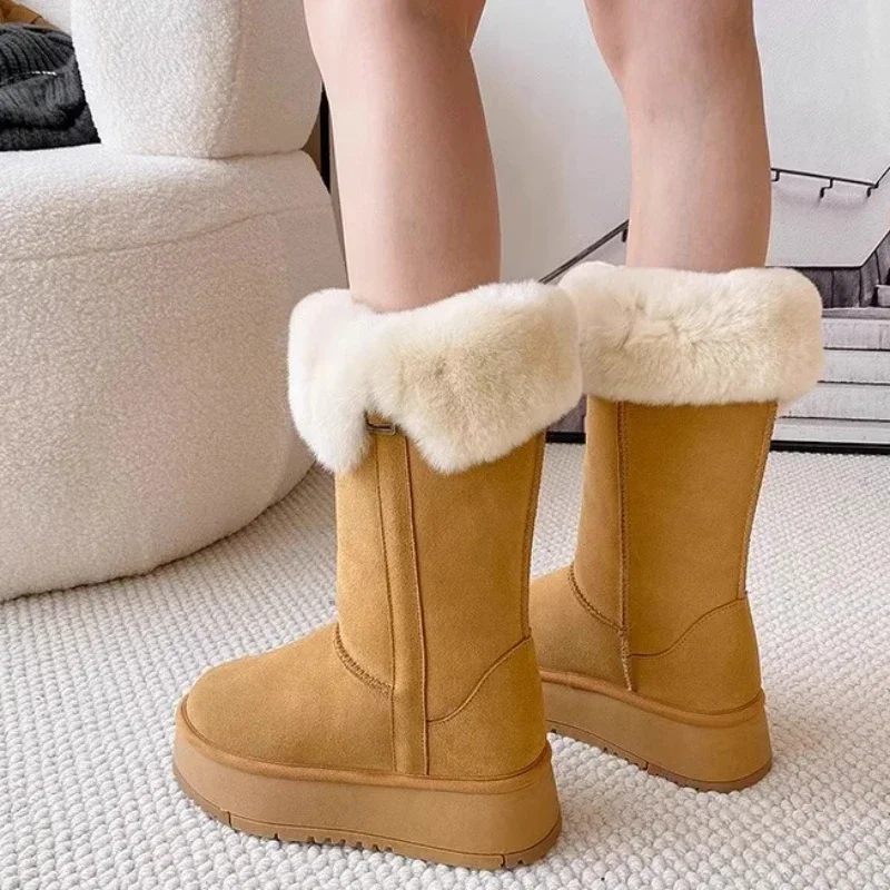 2023 New Women\'s Shoes Slip on Women\'s Boots Winter Round Toe Solid Flock Plush Warm Mid Heel Water Proof Concise Snow Boots