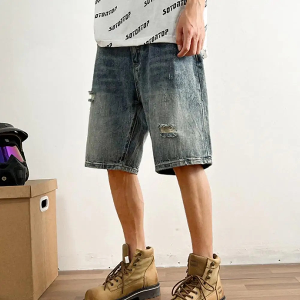 

Men Denim Shorts Stylish Men's Denim Shorts Straight Leg Multi Pockets Ripped Holes Design for Casual Fashion Versatile Denim
