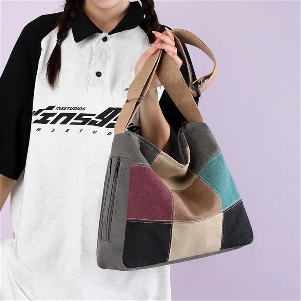 2023 Ladies Fashion Handbag Patchwork Rainbow Shoulder Crossbody Bags Ladies Canvas Messenger Bag Large Capacity Travel Work Bag