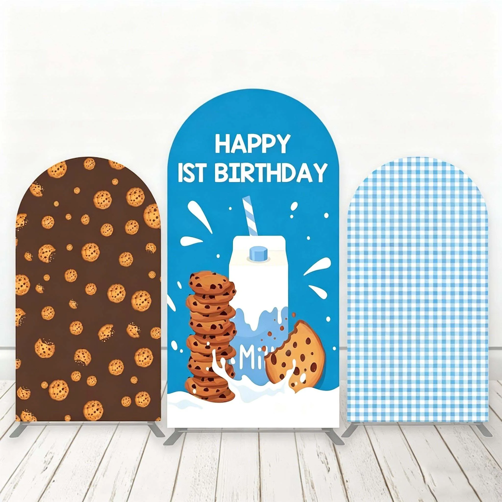 Custom 2-Side Cookie Milk Baby Shower Arch Backdrop Cover Blue and White Checkered Birthday Party Decor Backdrop Photo