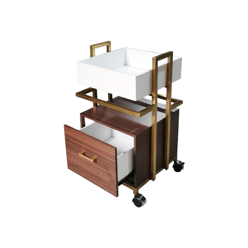 Modern Wood Barber Shop Salon Trolley Storage Rack with 4-Wheel Cart for Hair Styling Coloring Tools Haircut Supplies
