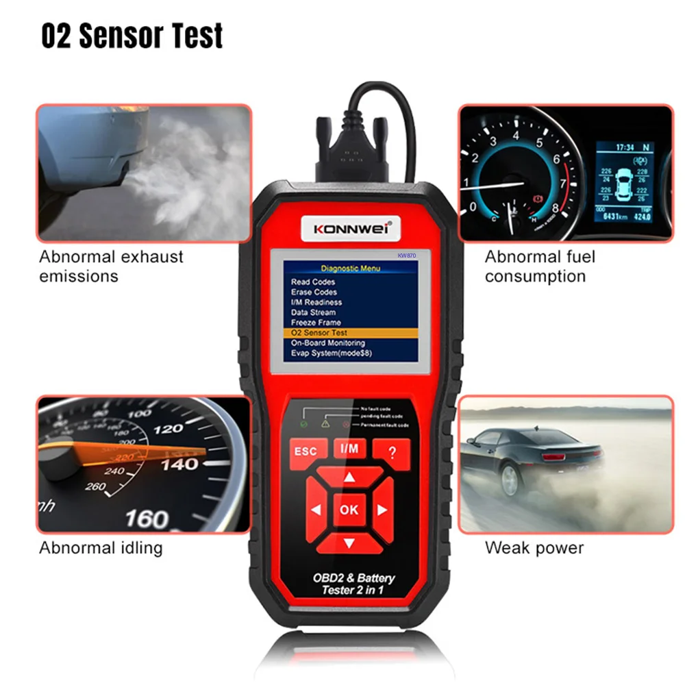 KONNWEI KW870 6V 12V Car Motorcycle Battery Tester OBD2 Diagnostics Tool Scanner 2 in1 Cranking Charging Test Tools for the Car