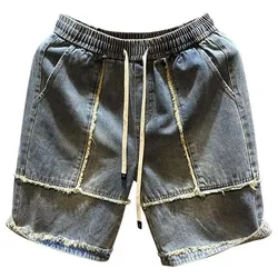 Men's Short Jeans Pants Spliced Straight Drawstring Male Denim Shorts New in Original Y2k Fashion Summer Retro Jorts Designer Xl