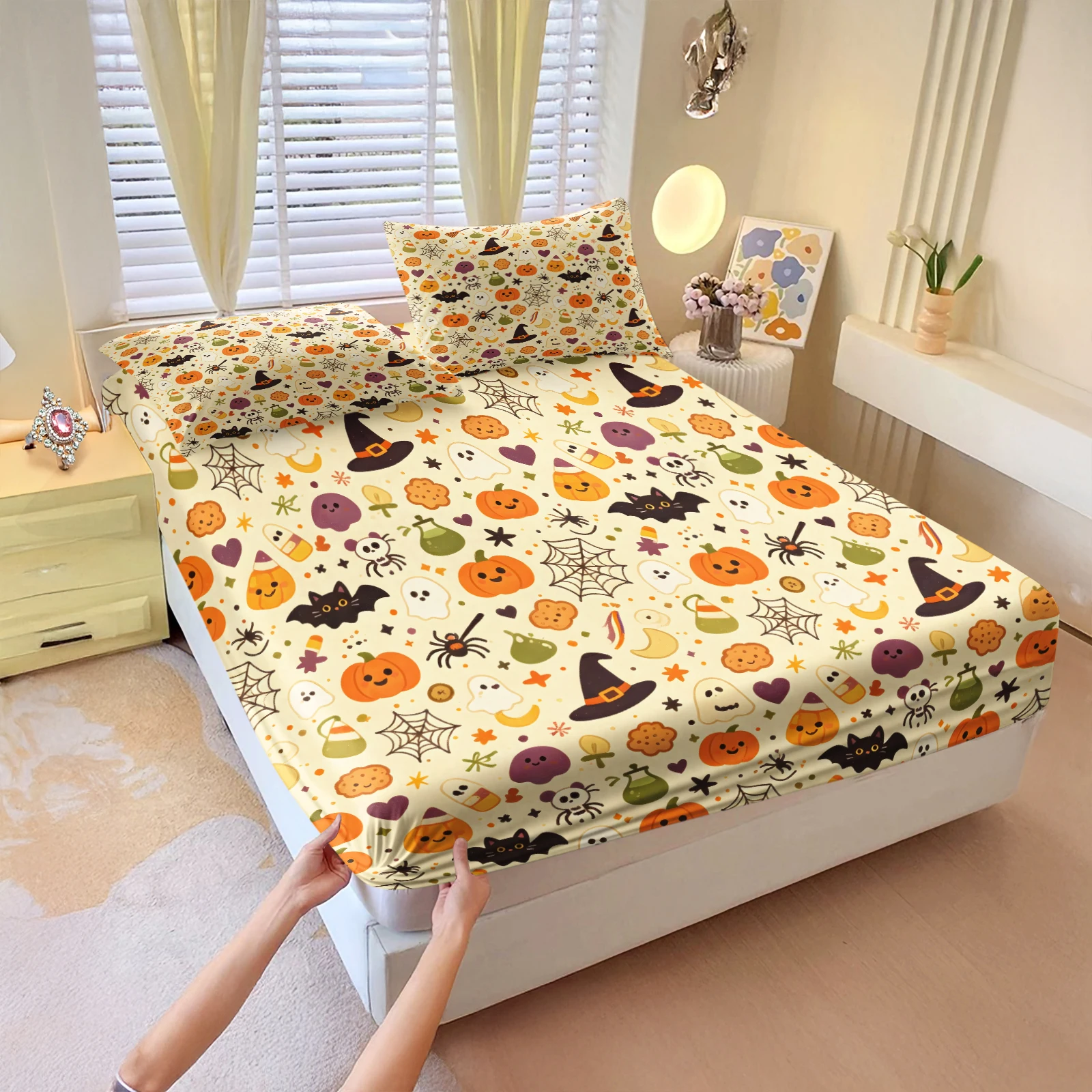 Halloween Fitted Sheet Set Cream Cartoon Pumpkin Ghost Bat Print Mattress Cover with Pillowcases Elastic Deep Pocket Bed Linen