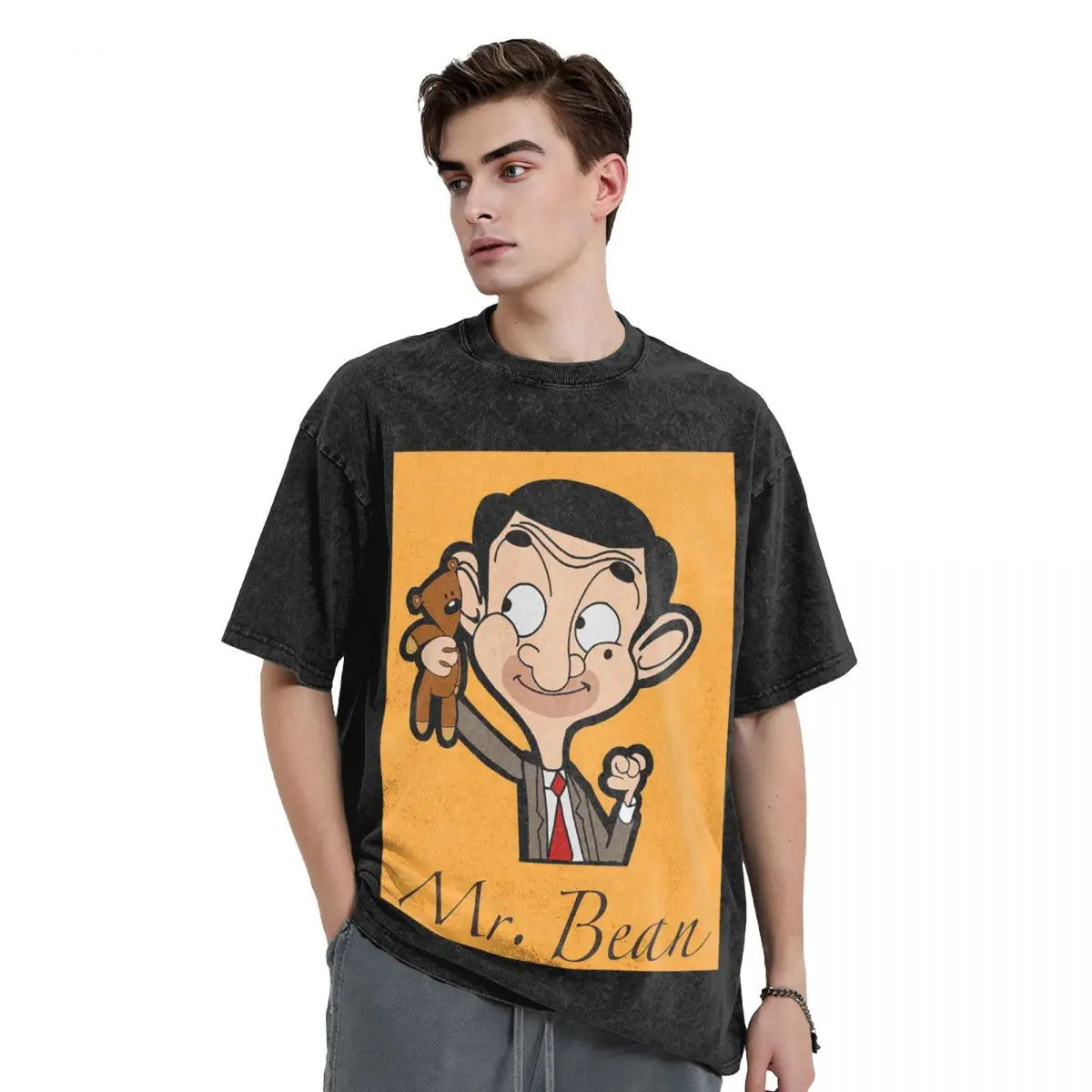 Mr. Bean Cartoon Washed T Shirts Cotton Short Sleeve Hip Hop T-Shirt Streetwear Tops Tees for Men Women