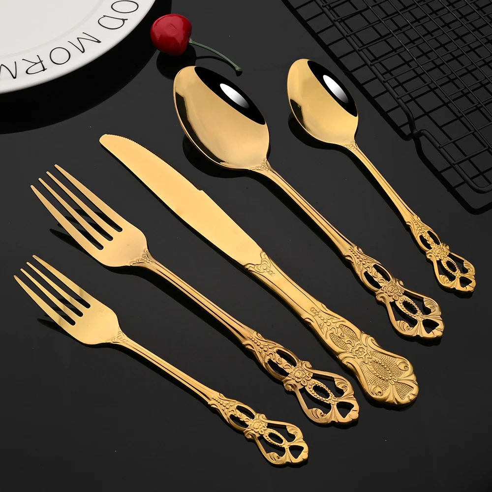 6Pcs/Set Mirror Stainless Steel Royal Dinnerware Set Black Western Flatware Dinner Knife Fork Spoon Cutlery Restaurant Tableware