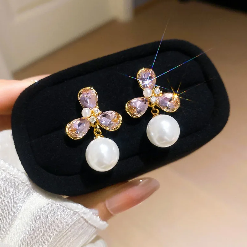 

Minar Trendy CZ Cubic Zirconia Rhinestones Imitation Pearl Flower Long Drop Earrings for Women Real Gold Copper Wedding Jewelry