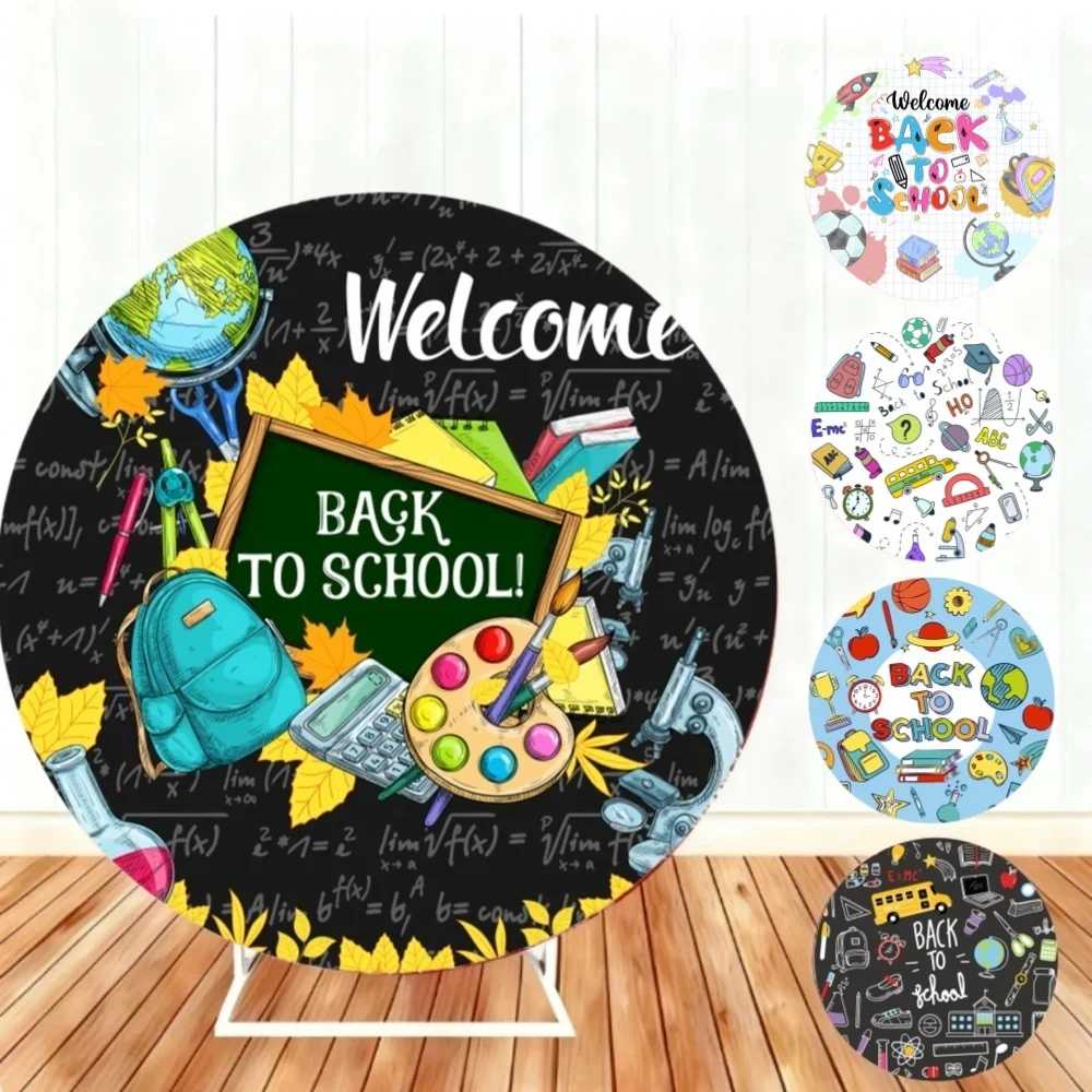 Back to School Round Backdrop Blackboard Doodle Hand Drawn Style Book Pencil Ruler Theme for Classroom Decor Party Supplies ﻿