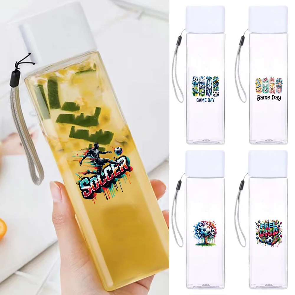 

Portable Square Water Bottle 500ml Leakproof Clear Plastic Travel Sports Cup With Carry Strap For School Outdoor Soccer Pattern