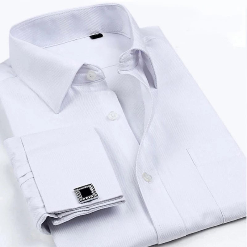 Camisas de gemelos franceses para hombre, camisa de manga larga, diseño de cuello blanco, Color sólido, talla grande