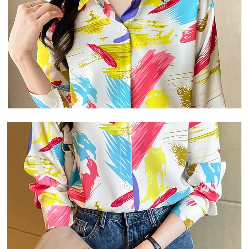 Geometric Contrast Color Turn-down Collar Long Sleeve Button Up Cardigan Shirt Spring Autumn Office Lady Women's Clothing Tops