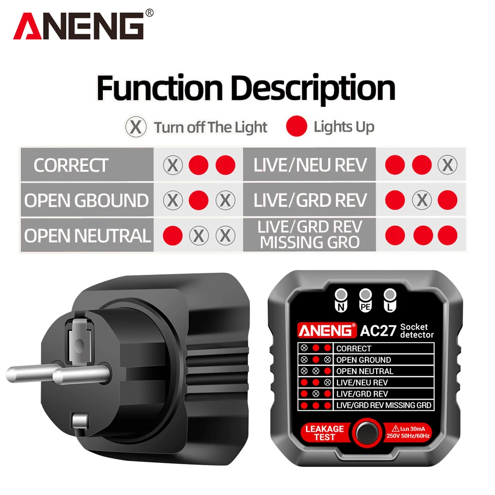 ANENG AC27 Socket Tester Voltage Test Socket Detector Ground Zero Line Polarity Phase Check Tool Circuit Checker  EU Plug