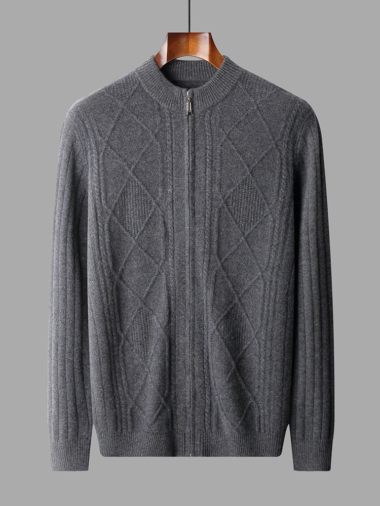 

Мужской толстый теплый осенне-зимний новый высококачественный модный повседневный вязаный свитер на молнии с мериносом, кардиган