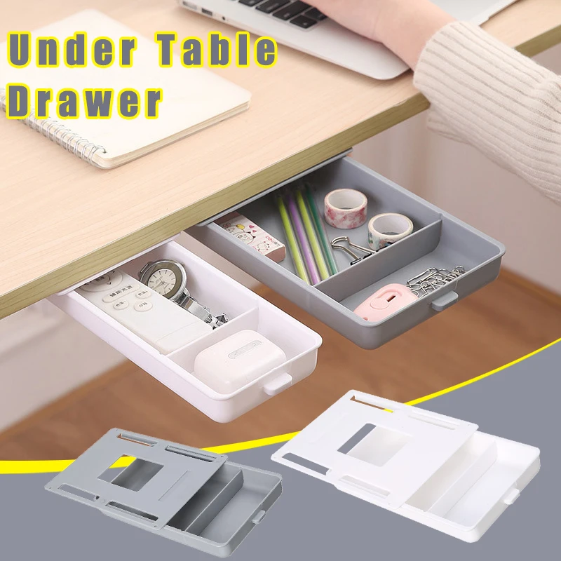 Under Table Drawer Hidden Tray Office Desk Stationery Storage Box Pen Storage Organizer Punch Free Storage Drawer Saving Space