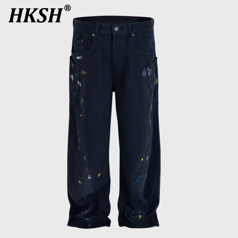 HKSH Autumn New Men's Tide Punk High Street Fashion Straight Denim Pants Splashed Ink Low Waist Chic Women Vintage Jeans HK2259