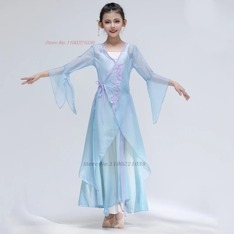 

2026 древний китайский винтажный детский костюм феи с национальной цветочной вышивкой, сетчатый комплект топов и штанов ханьфу, комплект для выступлений на сцене