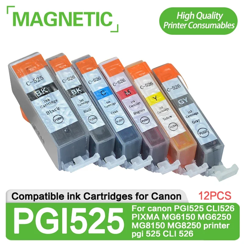 

12PCS Magnetic compatible full ink cartridges For canon PGI525 CLI526 PIXMA MG6150 MG6250 MG8150 MG8250 printer pgi 525 CLI 526