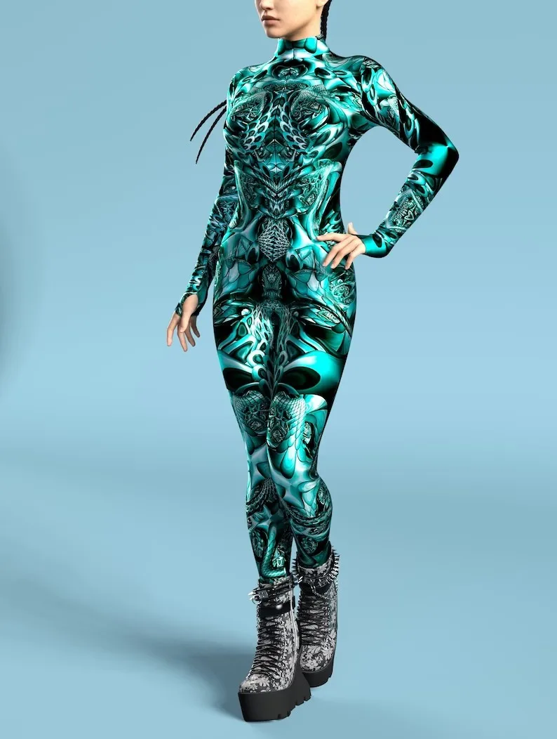 Mehrfarbiger Totenkopf-Print-Kostüm, Damen-Body mit Reißverschluss vorne, Halloween-Party, Karneval, Festival, Bühnenauftritt, Catsuit-Kostüm – Detail 17