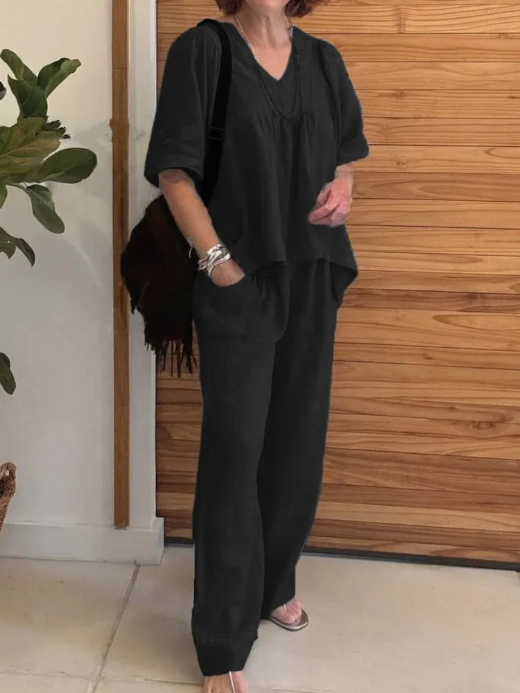 طقم قطعتين كاجوال من القطن مكون من قطعتين للنساء نصف كم ورقبة على شكل حرف V وسراويل عبوة أطقم ملابس فضفاضة أنيقة للعمل في المكتب للسيدات