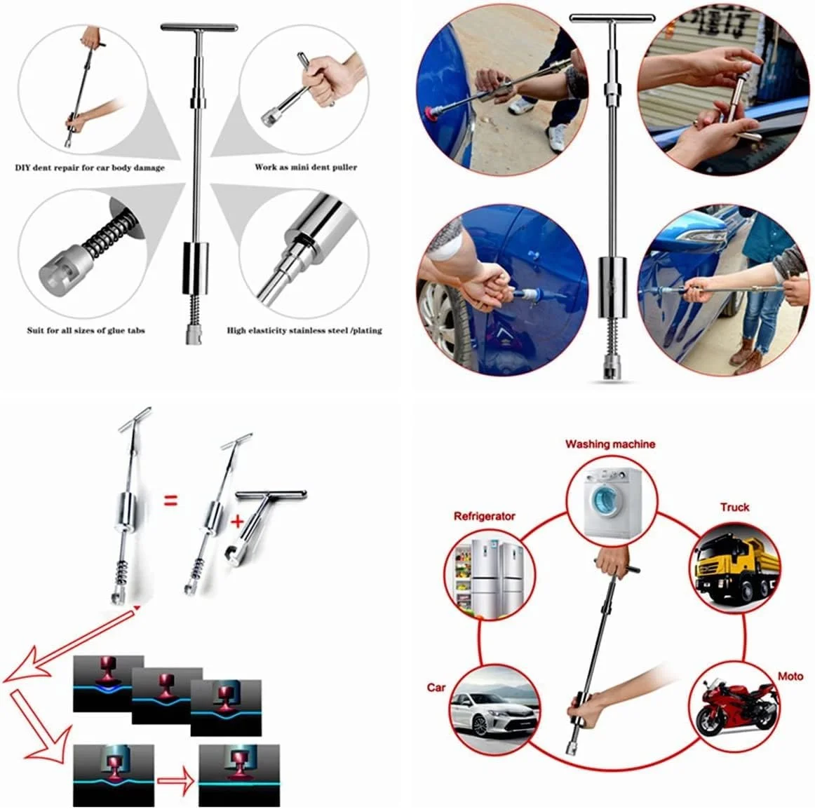 Kit de herramientas de reparación de carrocería sin pintura con barra en T de 48 piezas, Kit de eliminación de abolladuras, herramienta de reparación de removedor en T 2 en 1 para carrocería de automóvil