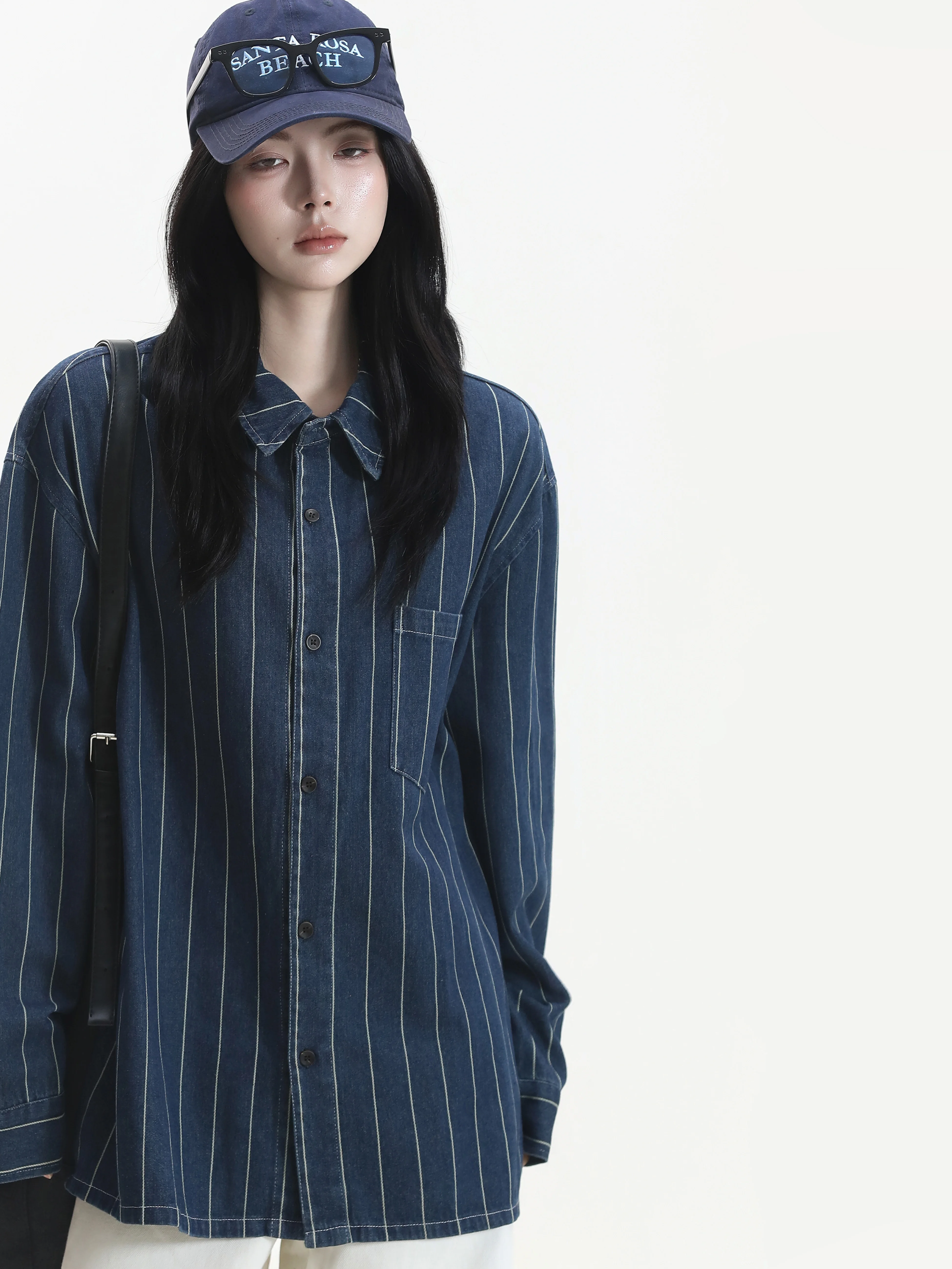 Vintage Loose Fit Long Sleeve Shirt Casual Style Contrast Color Stripe Collar Lazy Style Women's Fashion Cotton Polyester Blend