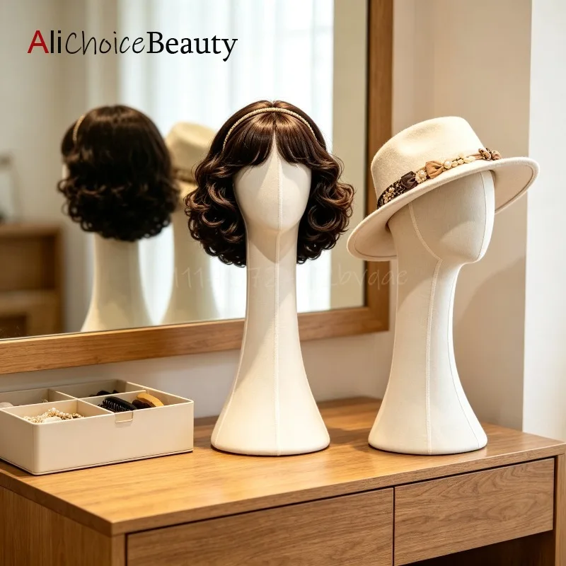 Fabric Covered Mannequin Head with Long Neck, Unisex or Wig Hat Headwear Jewelry Display, Clothing Store Window Showcase Prop