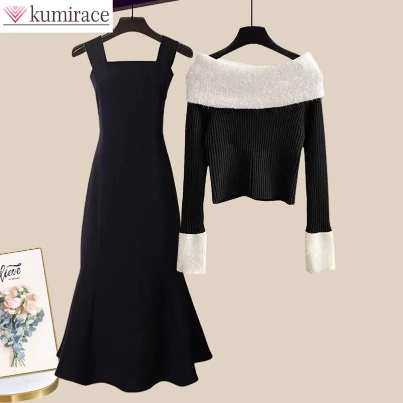 

Autumn and Winter Fashion Set Women's New Korean One Shoulder Knitted Top Age Reducing Casual Dress Two Piece Set