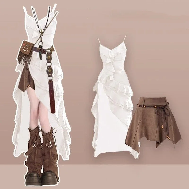 

2025 Summer Women Graceful Irregular Ruffle White Sling Dress Skirts Two Piece Suit Lady Ethinc Retro Camisole Dresses Skirt Set