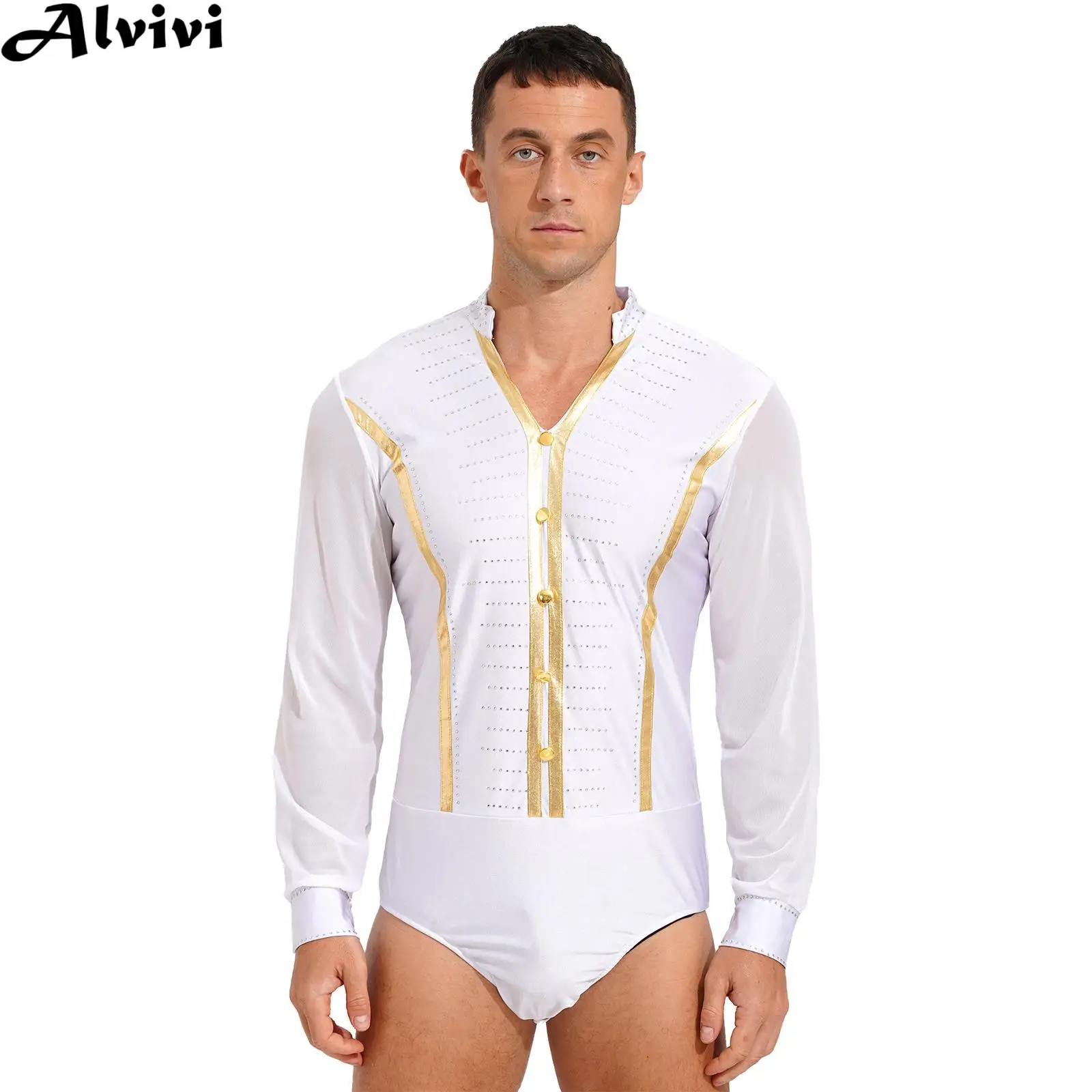 Men Latin Dance Ballroom Tango Rumba Samba Stage Performance Costume Long Sleeve Shiny Rhinestone Sheer Mesh Bodysuit Dancewear