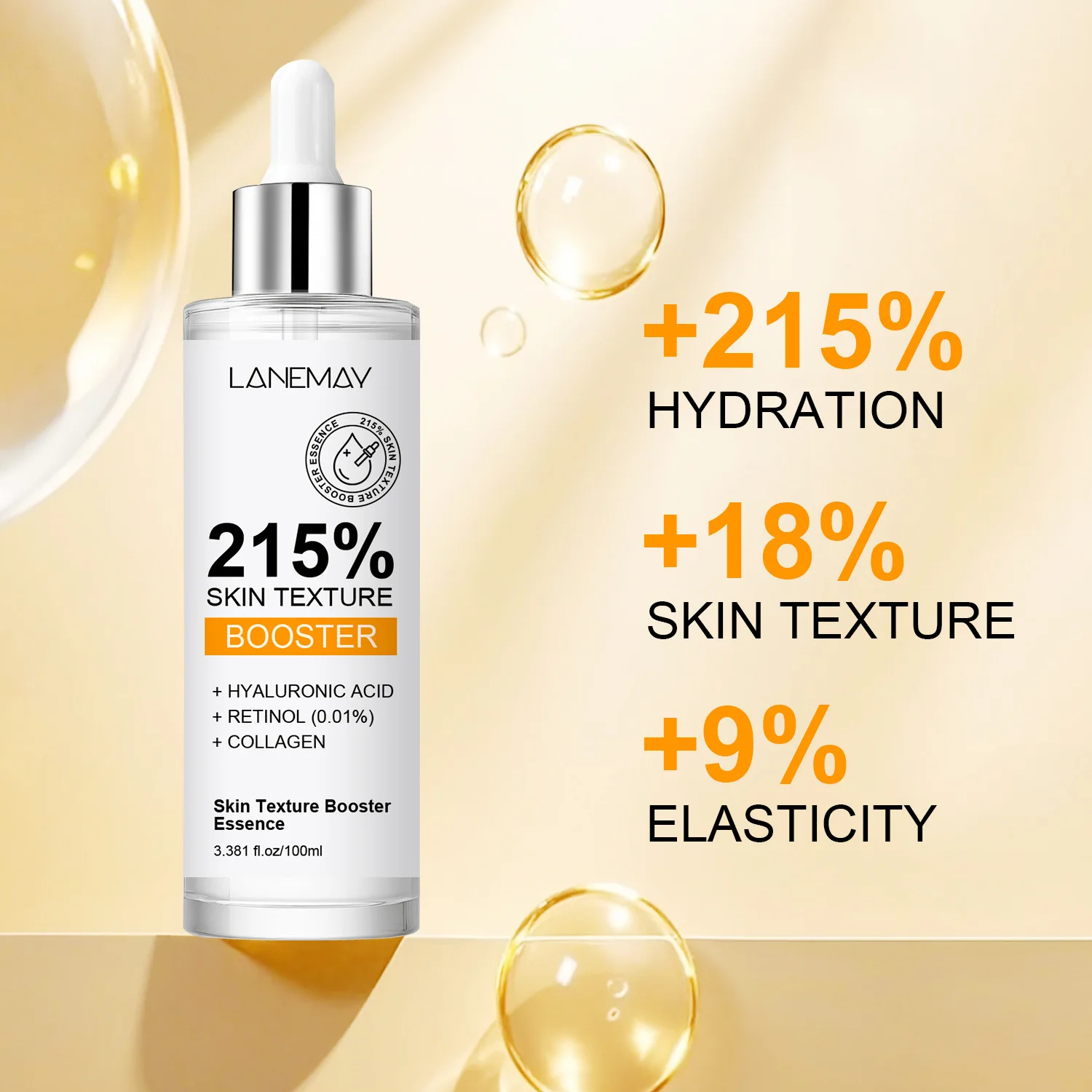 215% Skin Texture Booster Essence - 100ml Anti-Aging Serum with Hyaluronic Acid, Retinol & Collagen for Deep Hydration.
