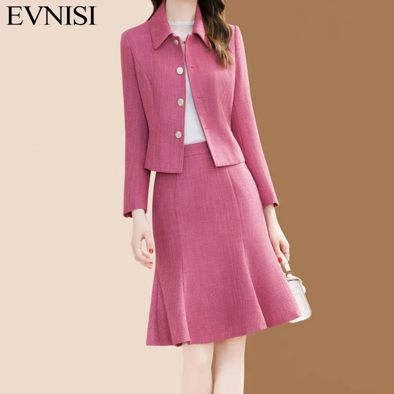 

EVNISI Women Elegant Rose Dress Set Autumn Casual Office A-line Dresses Slim For Women Party Vestido Two-Piece Set Winter 2023