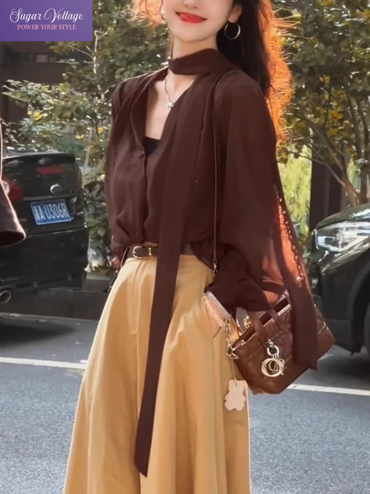 

Korean Fashion Vintage Elegant 2 Piece Set Women Long Sleeve V-Neck Shirts + High Waist A-Line Skirt French Casual Solid Outfit