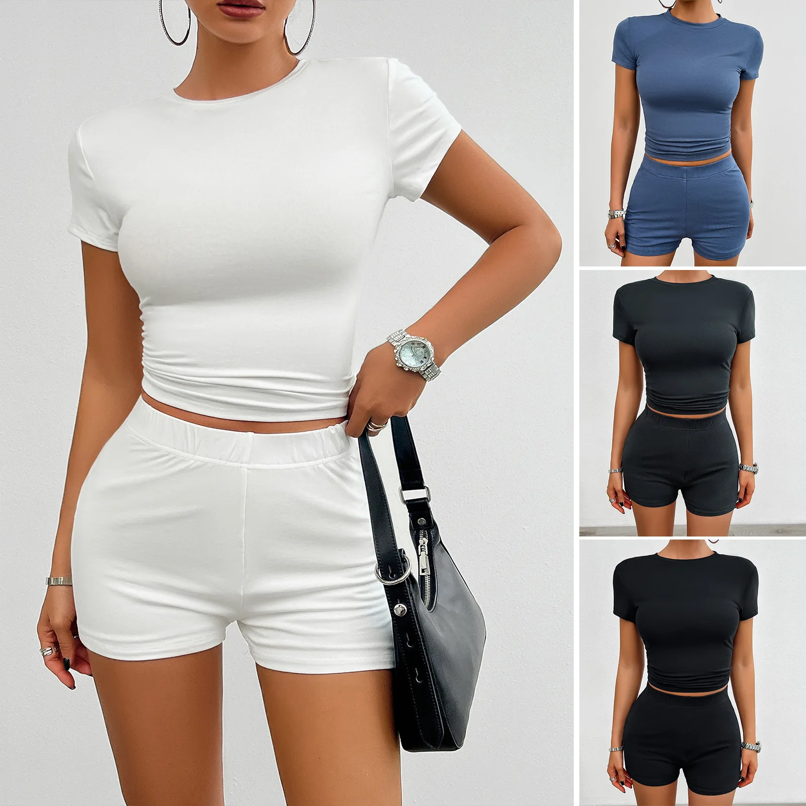 

2025 Summer Women's Clothing Set Solid Color O-neck Lady's Short Sleeve Tops Slim Fit Women's Shorts Women 2 Piece Set Outfit