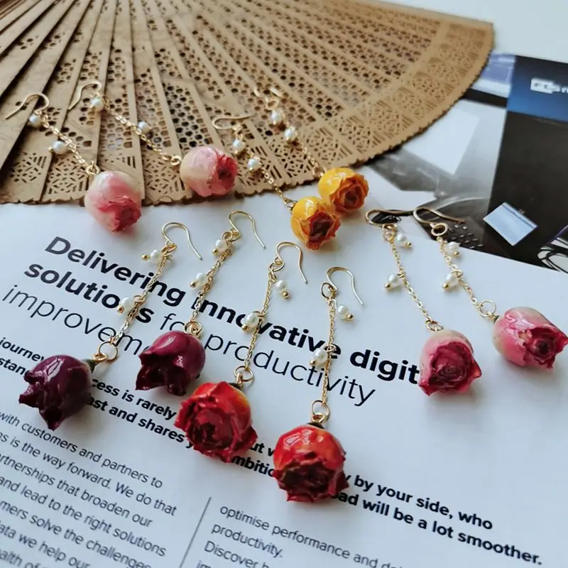 Immortal Flower Earrings Women Elegant Flower Long Tassel Earrings Epoxy Resin Natural Rose Earrings Custom Jewelry Wholesale