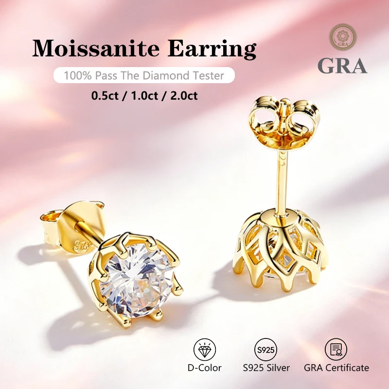 Classic Moissanite Flower Stud Earrings 925 Silver with Six-Prong Setting Comes with GRA Certificate Sparkling Wedding Party Gif